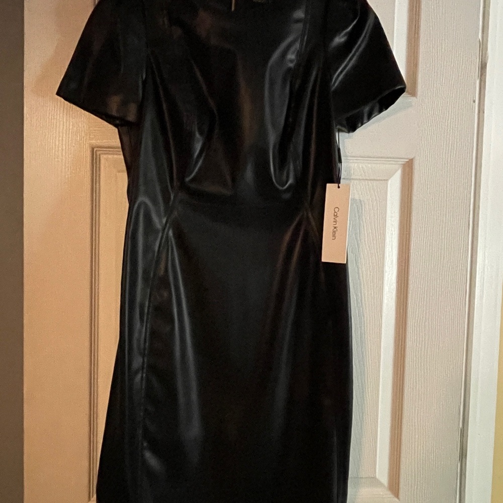 Calvin Klein Black Leather Sheath Mini Dress with Flutter Sleeves